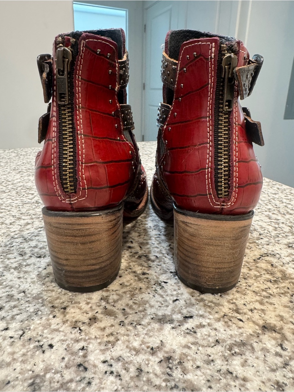 Freebird Saphire Red Croc-Embossed Ankle Booties with Studded Straps - Picture 3 of 6